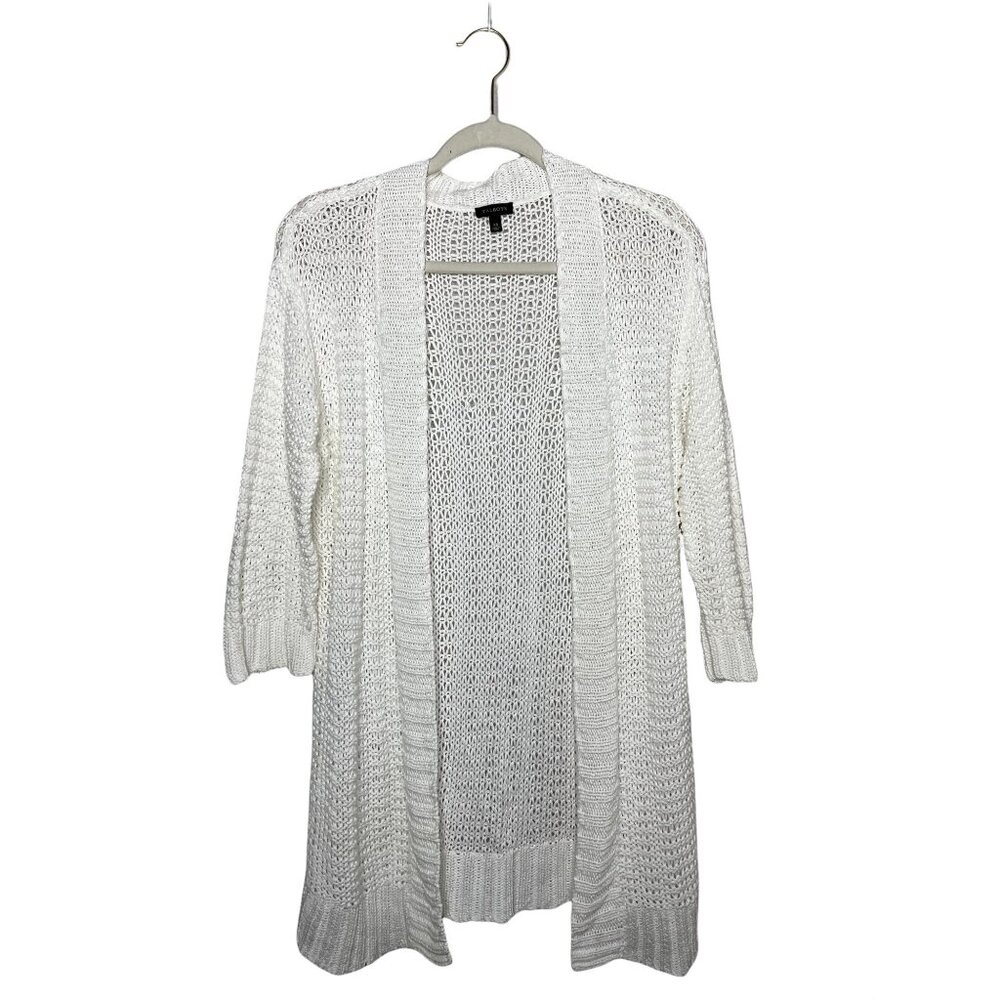 Talbots Cable Knit Cardigan Size XS White Mid Length Open Front 100% Cotton